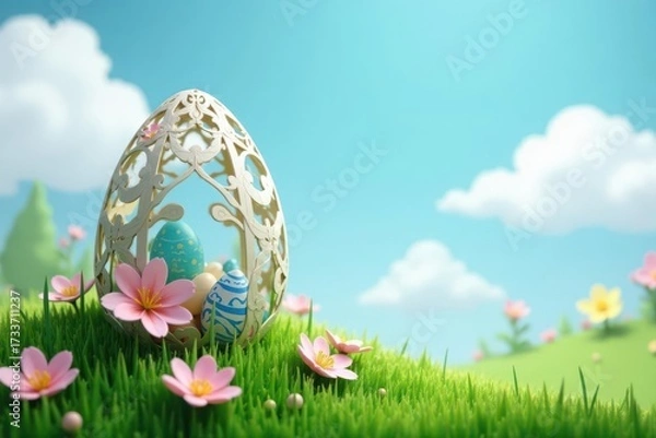 Fototapeta Intricate paper cut Easter egg and blossoms on grassy hill against a blue sky , green, illustration