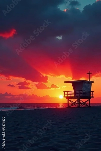 Obraz Lonely lifeguard tower silhouetted against fiery sunset sky , texture, nature