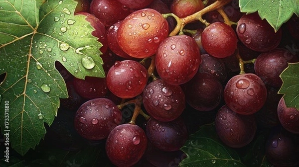 Fototapeta Fresh red grapes surrounded by green leaves with dew drops glistening in natural light