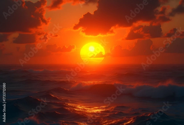Fototapeta Intense Solar Disk Setting Over a Fiery Ocean