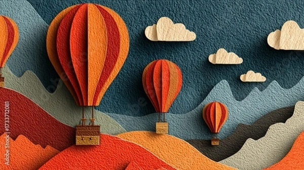 Fototapeta Hot air balloons drift over textured, layered hills beneath a textured sky with wooden clouds