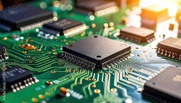 Obraz Macro Shot of Green Circuit Board with Black Microchips and Golden Light Reflection, Showing Intricate Electronic Components Details