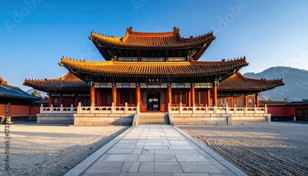 Obraz Majestic Traditional Chinese Architecture with Intricate Roof and Courtyard in Golden Hour Sunlight with Blue Sky and Distant Mountains