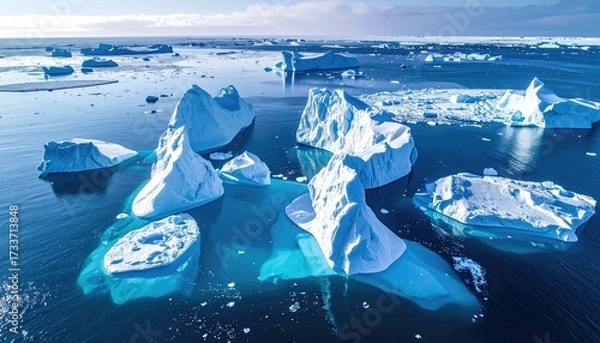 Obraz Aerial View of Icebergs Floating on Deep Blue Arctic Ocean Waters Under Bright Sunlight with Horizon and Clear Sky North Pole