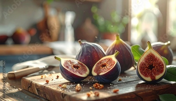 Obraz Arrangement of Fresh Figs Sliced on a Wooden Cutting Board with Selective Focus and Warm Lighting and Kitchen Background