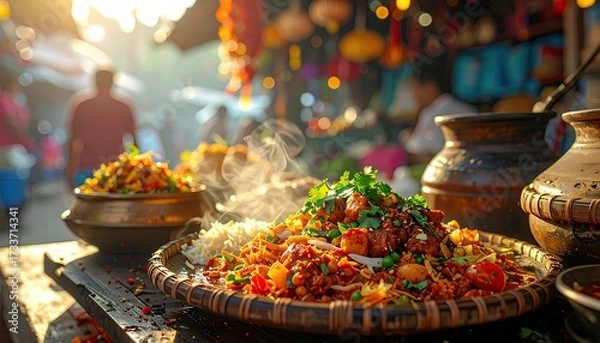 Obraz Authentic Street Food Display with Aromatic Rice and Vegetables at Sunset in Outdoor Market Stall
