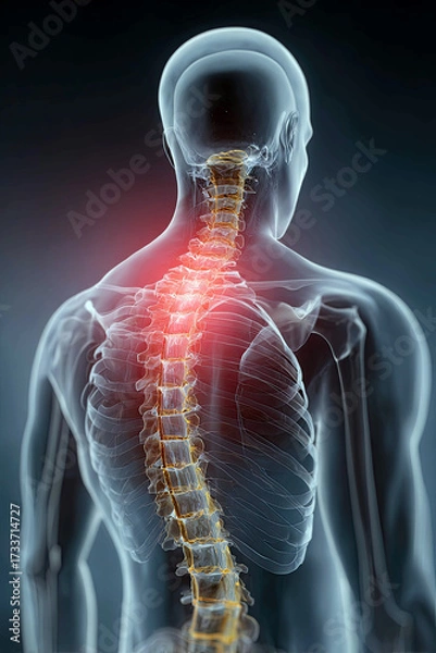 Fototapeta 3D Medical Illustration of Human Spine with Herniated Disc – Realistic Back Pain Concept with Highlighted Vertebrae