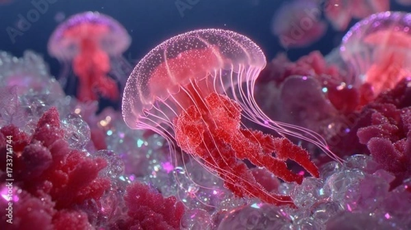 Fototapeta Jellyfish float among pink corals and shimmering bubbles in an abstract underwater scene