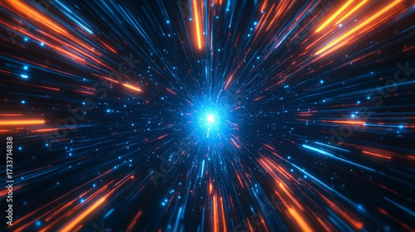 Fototapeta Dynamic warp speed radial light background with blue and orange streaks symbolizing energy acceleration cosmic journey and futuristic vision of limitless motion.