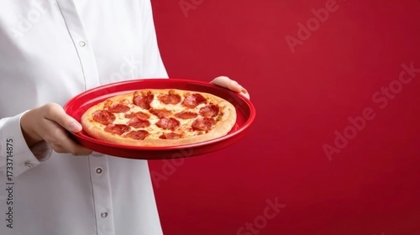Fototapeta Delicious pizza served on a red plate with melted cheese and pepperoni, showcasing casual dining, comfort food, and fast food appeal in a modern restaurant setting