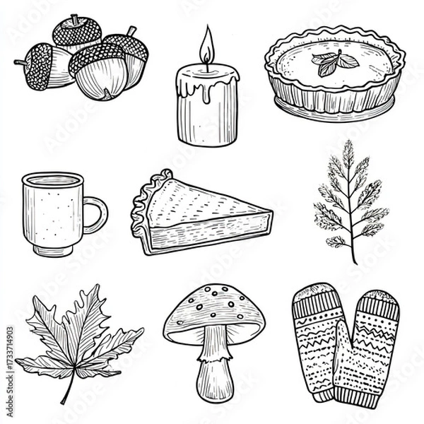 Fototapeta Cozy Autumn Doodle Set – Hand-Drawn Fall Elements with Pie, Candle, Leaves and Mittens