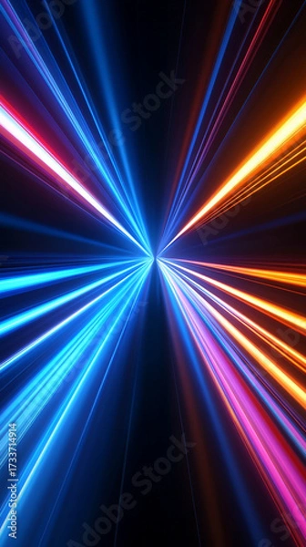Fototapeta Dynamic warp speed radial light background with blue and orange streaks symbolizing energy acceleration cosmic journey and futuristic vision of limitless motion.