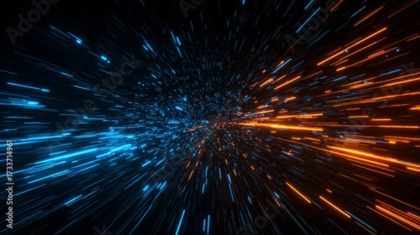 Fototapeta Dynamic warp speed radial light background with blue and orange streaks symbolizing energy acceleration cosmic journey and futuristic vision of limitless motion.
