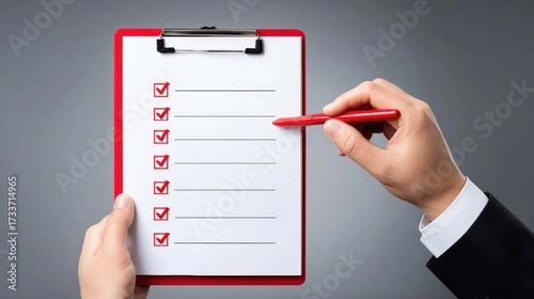 Fototapeta Professional business checklist on clipboard with pen in office setting, organized workspace, and task management for productivity and success