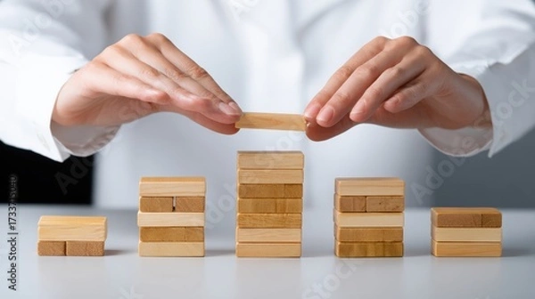 Fototapeta Professional wooden blocks stacking and balancing toys for children, educational development, creativity, teamwork, craftsmanship, natural materials