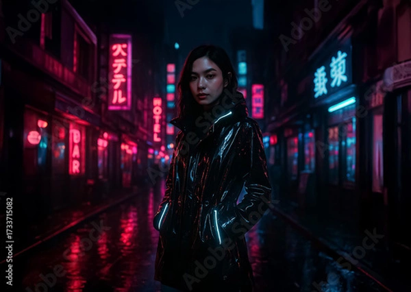 Fototapeta Cyberpunk-inspired futuristic alley with neon-lit signs, a woman in a glossy black jacket glowing under streetlights, urban rain-soaked reflections creating a cinematic science fiction mood.