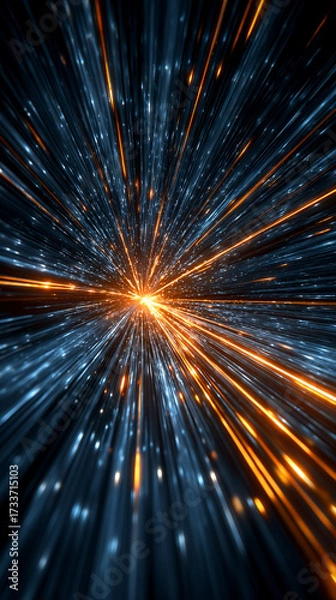 Fototapeta Dynamic warp speed radial light background with blue and orange streaks symbolizing energy acceleration cosmic journey and futuristic vision of limitless motion.