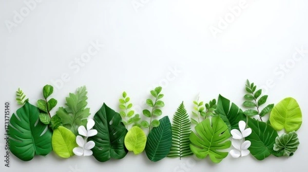 Fototapeta Beautiful lush greenery and vibrant leaves creating a peaceful natural outdoor scene with diverse plant foliage and tropical botanical elements