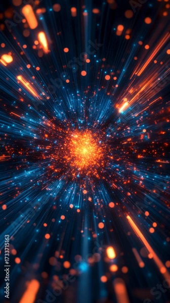 Fototapeta Dynamic warp speed radial light background with blue and orange streaks symbolizing energy acceleration cosmic journey and futuristic vision of limitless motion.
