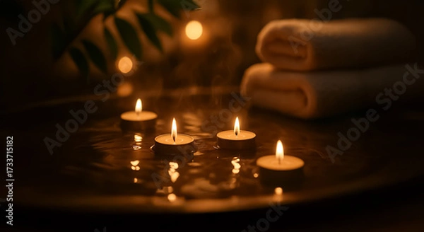 Fototapeta Five small floating candles glowing warmly on water with steam and blurred towels in background, evoking peaceful spa atmosphere and relaxation mood.