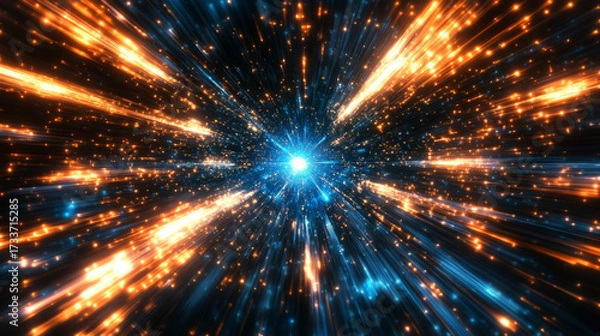 Fototapeta Dynamic warp speed radial light background with blue and orange streaks symbolizing energy acceleration cosmic journey and futuristic vision of limitless motion.