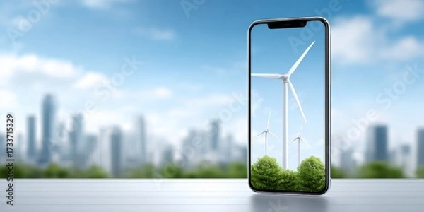Fototapeta Modern wind turbines in a lush green landscape with a city skyline in the background, showcasing renewable energy, sustainable power, eco-friendly technology, and environmental conservation