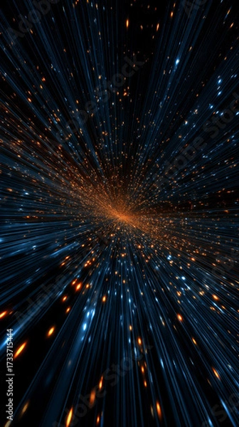 Fototapeta Dynamic warp speed radial light background with blue and orange streaks symbolizing energy acceleration cosmic journey and futuristic vision of limitless motion.