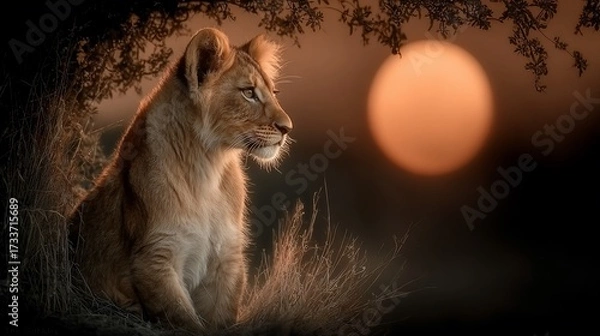 Fototapeta Lion cub perched in dry grass, gazing right against a sunset backdrop under overhanging branches