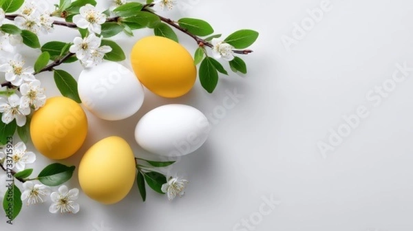 Fototapeta Beautiful farm-fresh eggs with vibrant yellow and white shells arranged with blossoms, showcasing natural, healthy, and organic food for breakfast or culinary use