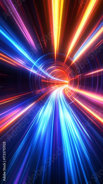 Fototapeta Dynamic warp speed radial light background with blue and orange streaks symbolizing energy acceleration cosmic journey and futuristic vision of limitless motion.