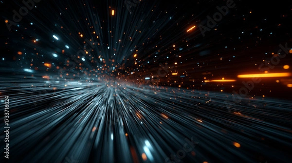 Fototapeta Dynamic warp speed radial light background with blue and orange streaks symbolizing energy acceleration cosmic journey and futuristic vision of limitless motion.