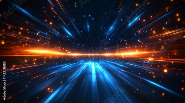 Fototapeta Dynamic warp speed radial light background with blue and orange streaks symbolizing energy acceleration cosmic journey and futuristic vision of limitless motion.