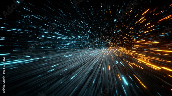 Fototapeta Dynamic warp speed radial light background with blue and orange streaks symbolizing energy acceleration cosmic journey and futuristic vision of limitless motion.