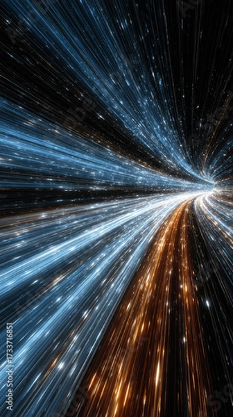 Fototapeta Dynamic warp speed radial light background with blue and orange streaks symbolizing energy acceleration cosmic journey and futuristic vision of limitless motion.