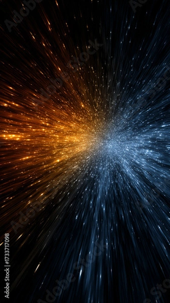 Fototapeta Dynamic warp speed radial light background with blue and orange streaks symbolizing energy acceleration cosmic journey and futuristic vision of limitless motion.