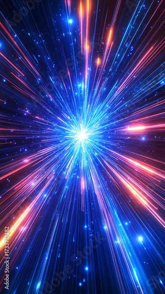 Fototapeta Dynamic warp speed radial light background with blue and orange streaks symbolizing energy acceleration cosmic journey and futuristic vision of limitless motion.