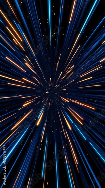 Fototapeta Dynamic warp speed radial light background with blue and orange streaks symbolizing energy acceleration cosmic journey and futuristic vision of limitless motion.