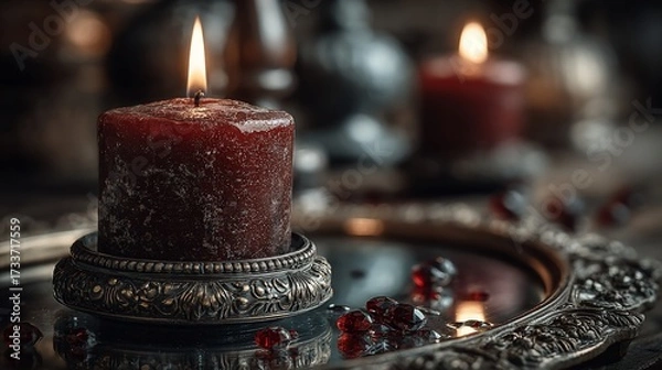 Fototapeta Lit candle in silver holder on tray with red beads creates a soft, moody, dim, romantic scene