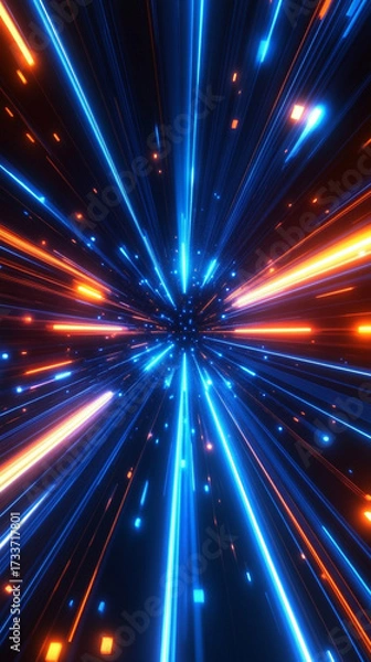 Fototapeta Dynamic warp speed radial light background with blue and orange streaks symbolizing energy acceleration cosmic journey and futuristic vision of limitless motion.