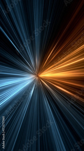 Fototapeta Dynamic warp speed radial light background with blue and orange streaks symbolizing energy acceleration cosmic journey and futuristic vision of limitless motion.