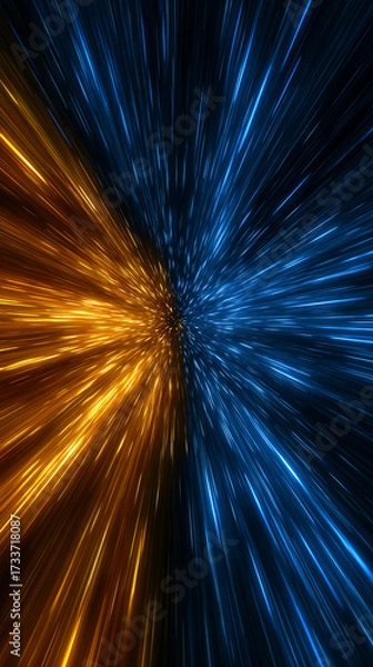 Fototapeta Dynamic warp speed radial light background with blue and orange streaks symbolizing energy acceleration cosmic journey and futuristic vision of limitless motion.