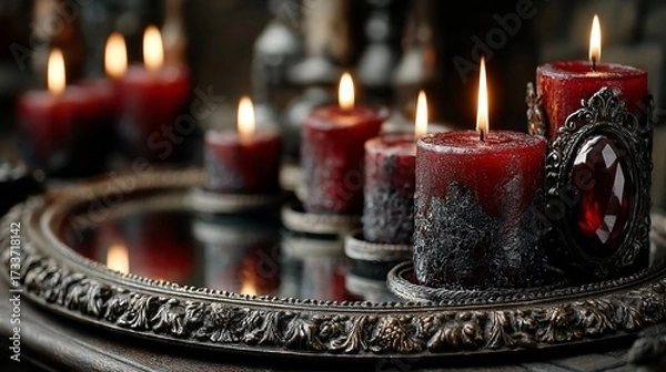 Obraz Lit red candles sit on a reflective silver tray, evoking ambiance with a gothic, romantic feel