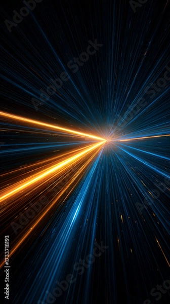 Fototapeta Dynamic warp speed radial light background with blue and orange streaks symbolizing energy acceleration cosmic journey and futuristic vision of limitless motion.