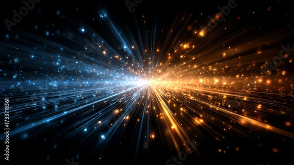 Fototapeta Dynamic warp speed radial light background with blue and orange streaks symbolizing energy acceleration cosmic journey and futuristic vision of limitless motion.