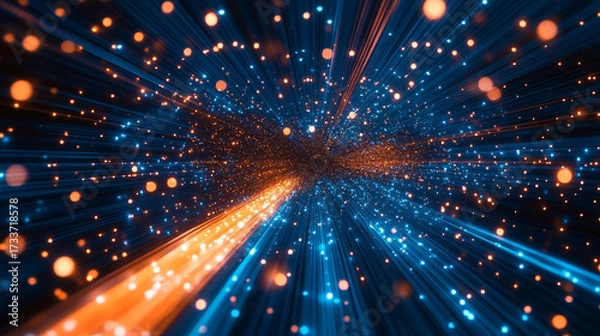 Fototapeta Dynamic warp speed radial light background with blue and orange streaks symbolizing energy acceleration cosmic journey and futuristic vision of limitless motion.