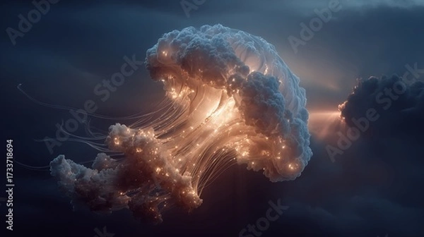 Fototapeta Luminous, ethereal cloud-like entity resembling jellyfish floats amid cloudy sky in dramatic light