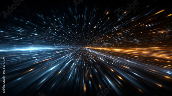 Fototapeta Dynamic warp speed radial light background with blue and orange streaks symbolizing energy acceleration cosmic journey and futuristic vision of limitless motion.