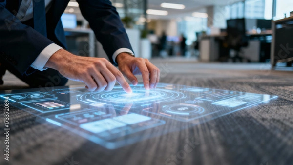 Fototapeta Man using futuristic interface on the floor in an office environment with modern technology display