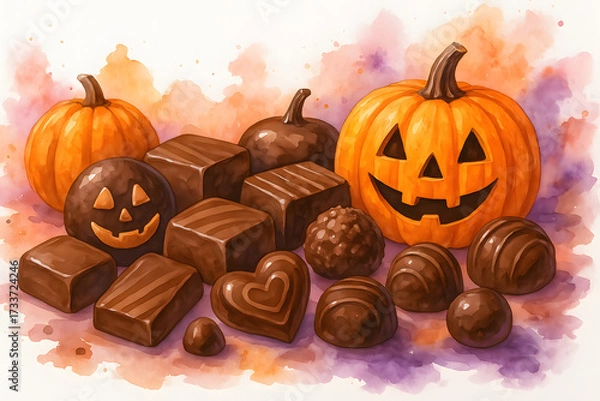 Fototapeta ハロウィンチョコレートとジャックオーランタンの水彩イラスト