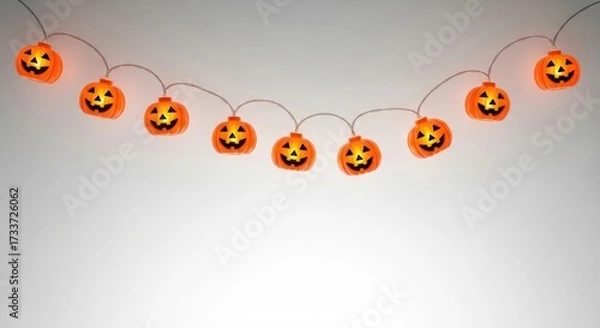 Fototapeta A string of halloween lights shaped like jack o lanterns hanging against a white background space above